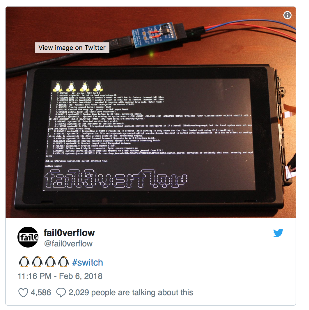 快讯 | 任天堂 Switch 遭 fail0verflow 黑客组织破解,已可运行 Linux 系统 - 作者:Elaine_z 快讯 | 任天堂 Switch 遭 fail0verflow 黑客组织破解,已可运行 Linux 系统 - 作者:Elaine_z