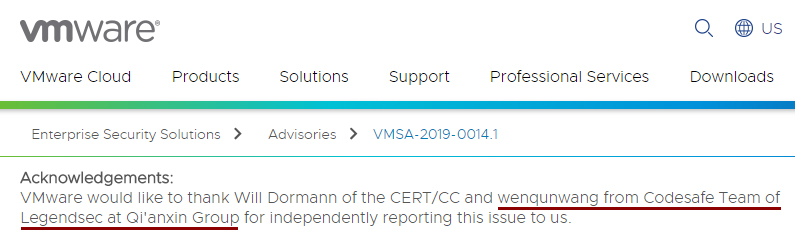 奇安信代码卫士帮助微软和 VMware 修复多个高危漏洞,获官方致谢 - 作者:奇安信代码卫士 奇安信代码卫士帮助微软和 VMware 修复多个高危漏洞,获官方致谢 - 作者:奇安信代码卫士