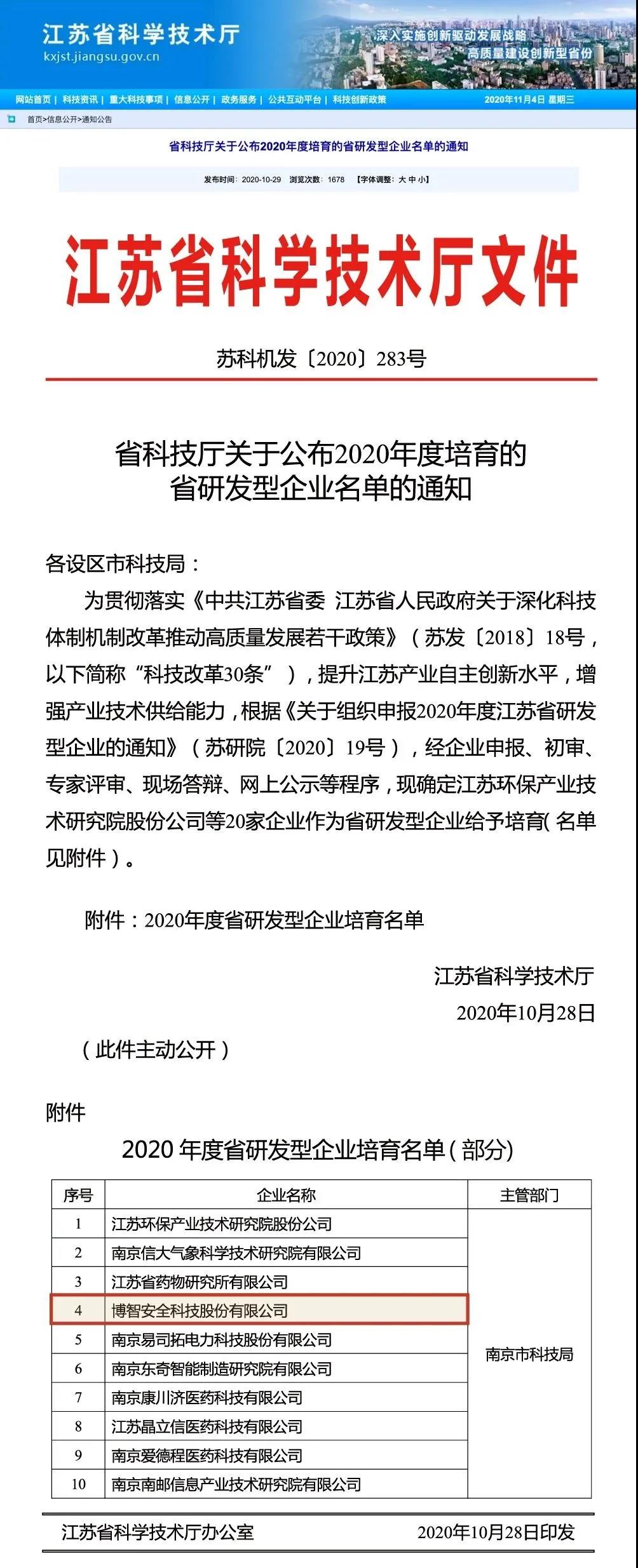 【喜讯】博智安全入选江苏省科学技术厅“2020年度省研发型企业" - 作者:博智安全elex 【喜讯】博智安全入选江苏省科学技术厅“2020年度省研发型企业" - 作者:博智安全elex