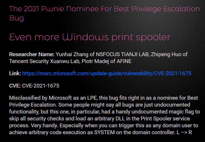 绿盟科技天机实验室张云海获Pwnie Awards 2021两项提名 - 作者:绿盟科技 绿盟科技天机实验室张云海获Pwnie Awards 2021两项提名 - 作者:绿盟科技