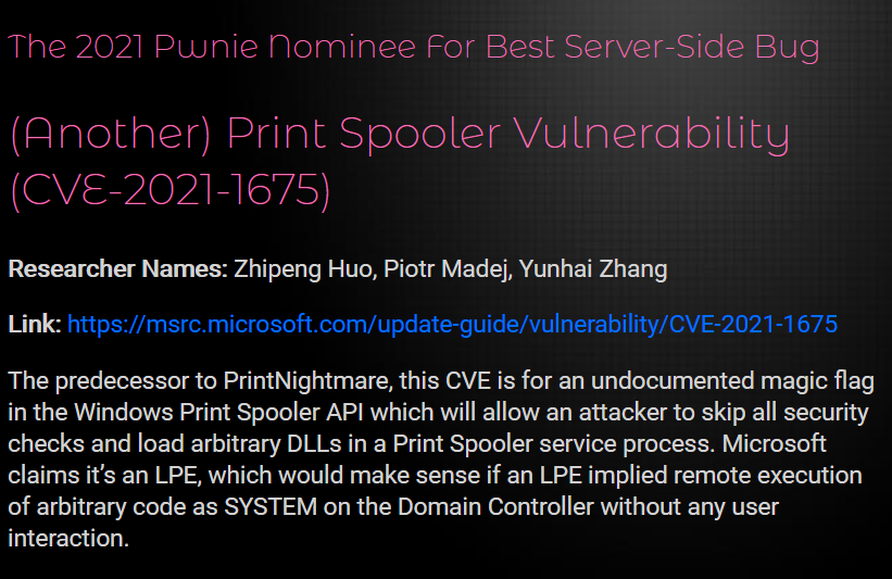 绿盟科技天机实验室张云海获Pwnie Awards 2021两项提名 - 作者:绿盟科技 绿盟科技天机实验室张云海获Pwnie Awards 2021两项提名 - 作者:绿盟科技